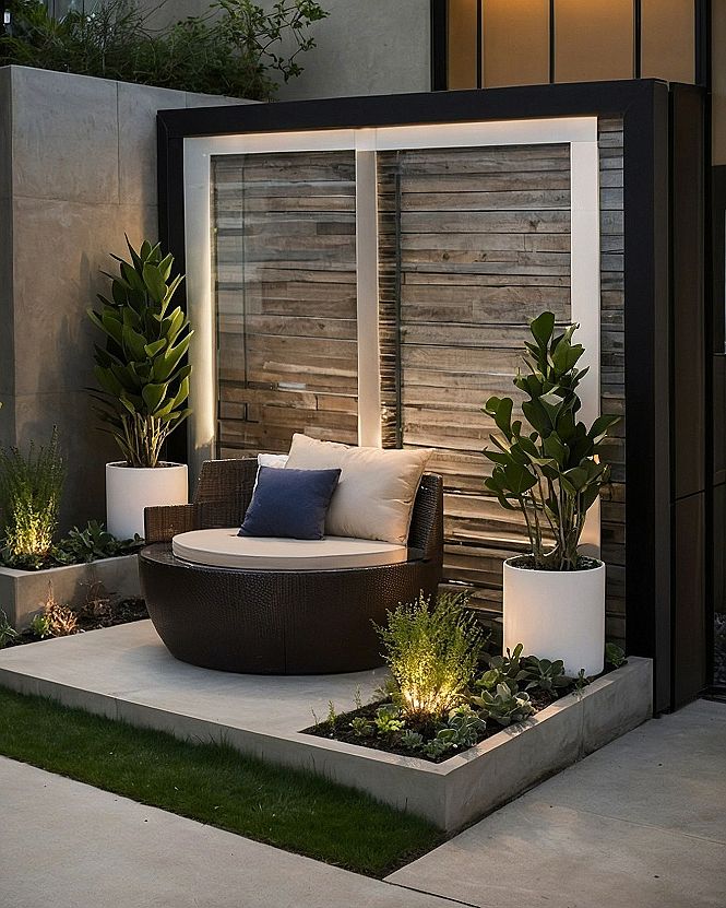 Woven rattan round lounge chair against a weathered wood and light panel wall