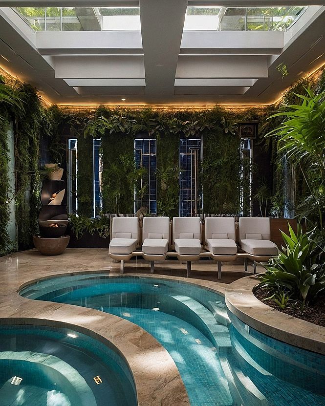 Curved White Lounge Chairs Bordering an Indoor Aquatic Oasis