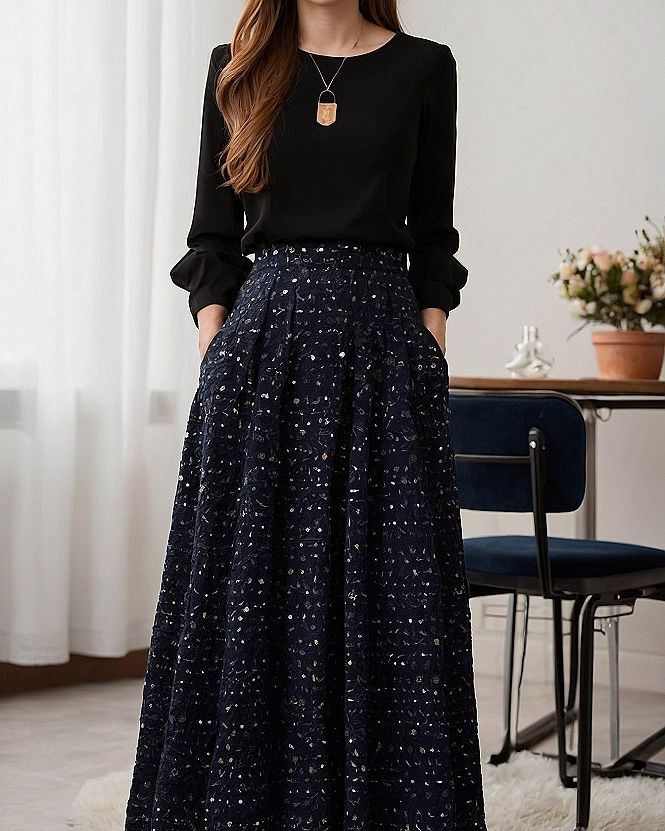 Pairing a Black Top with a Textured Midi Skirt for Fall Weddings