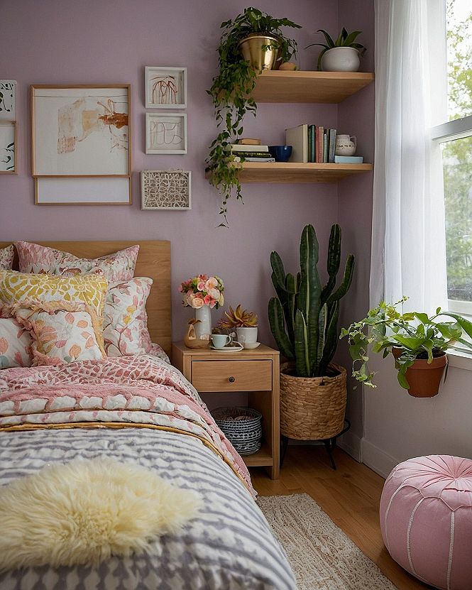 Adding Green Plants and Natural Wood Finishes to Pastel Purple Walls