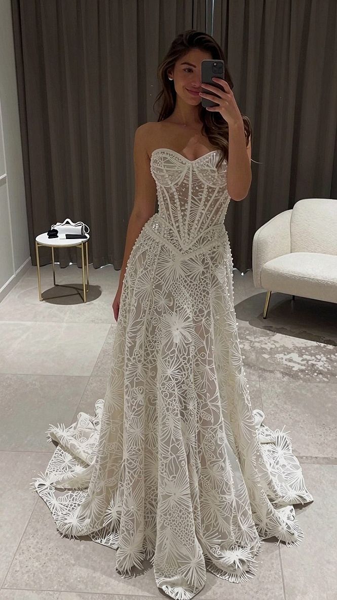 Selecting a Geometric Pattern All Lace Wedding Gown