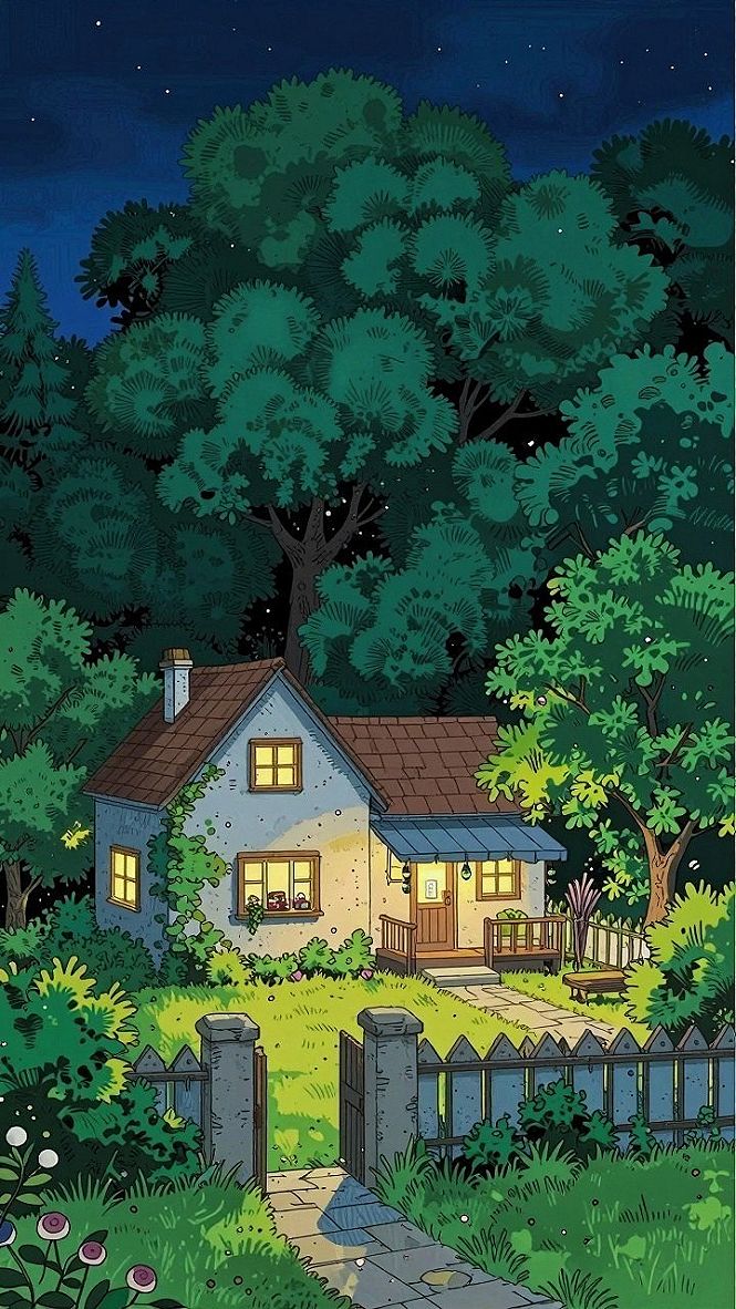 Selecting Nighttime Woodland Cottage Anime Scenery Wallpaper