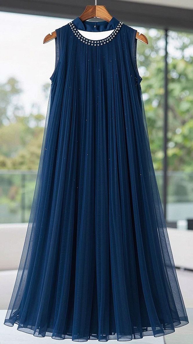 Selecting a Pleated Long Dress with Embellished Necklines