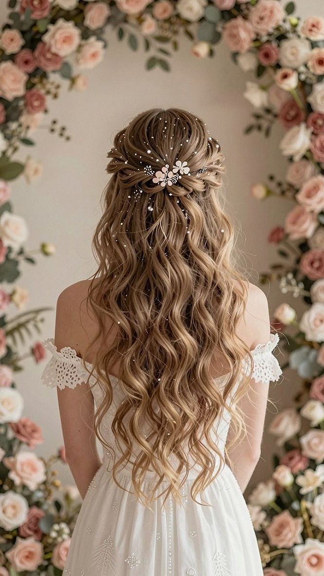 Choosing Pearl Hair Pins and Flowing Curls for Strapless Gowns