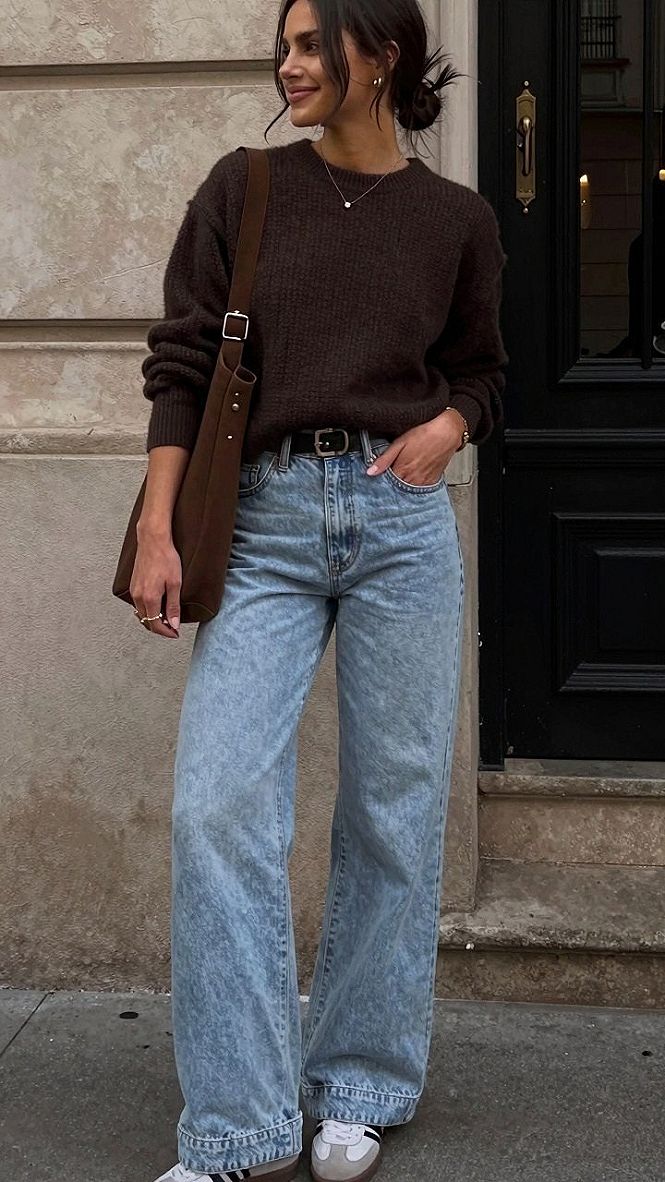 Selecting a Rich Brown Sweater with Relaxed Denim