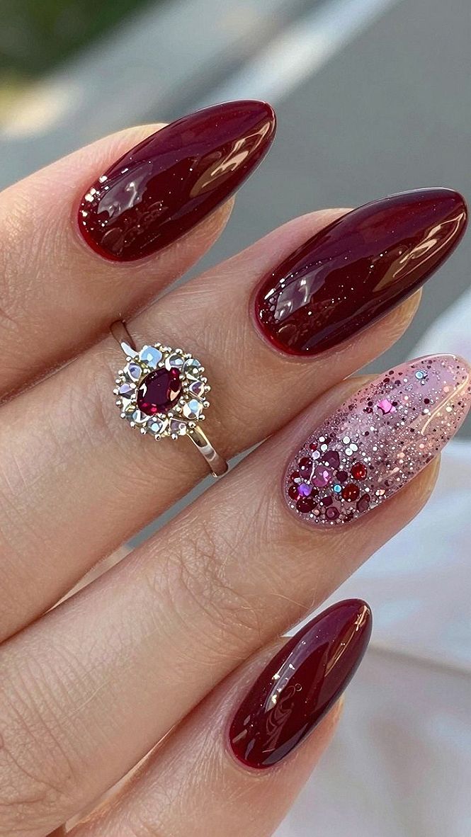 Deciding on Dark Red Nails with Sparkle Accent Nails