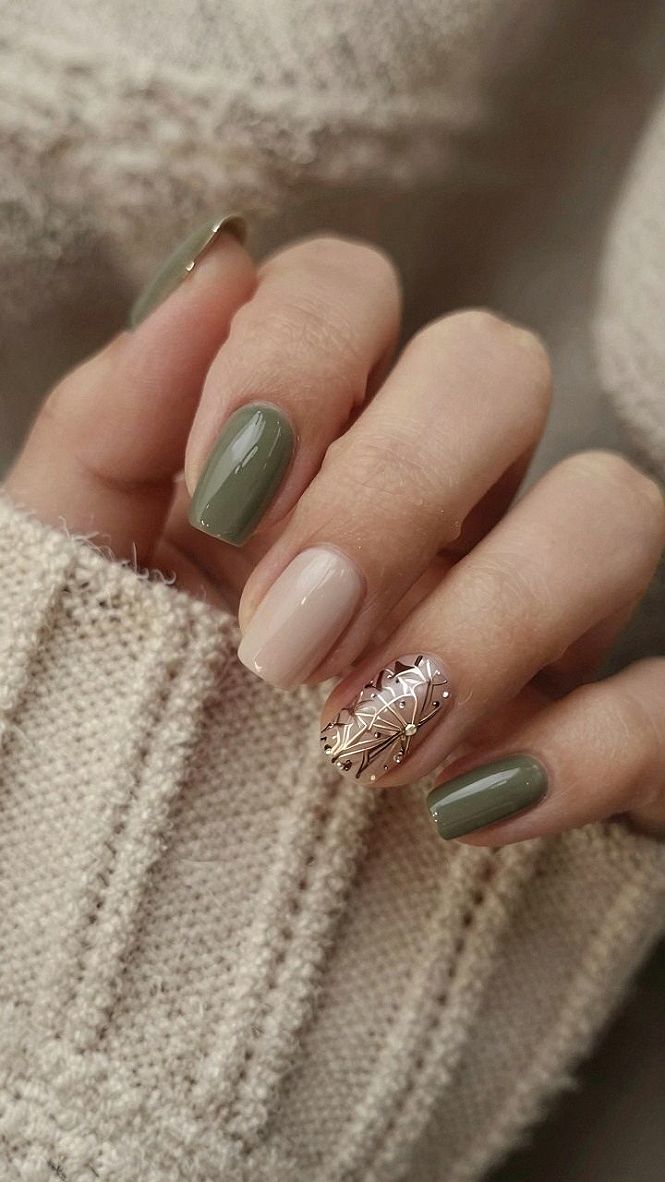 Pairing Olive Green and Cream Gel Polish for Daily Wear
