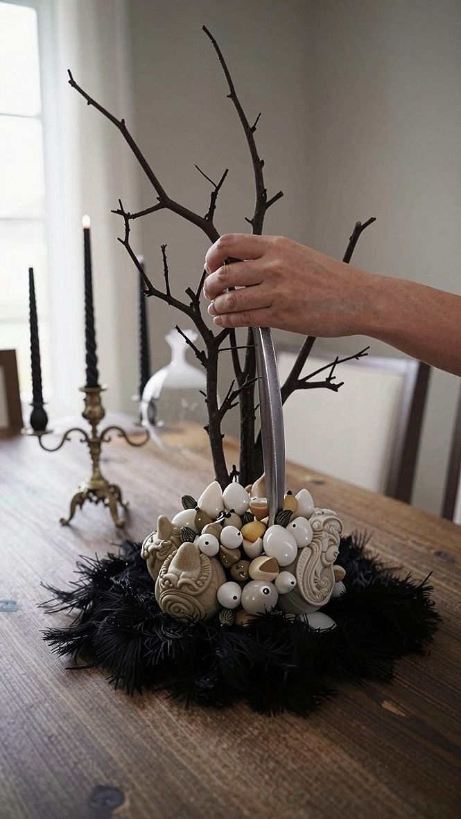 Styling a Spooky Branch and Feather Coffee Table Centerpiece