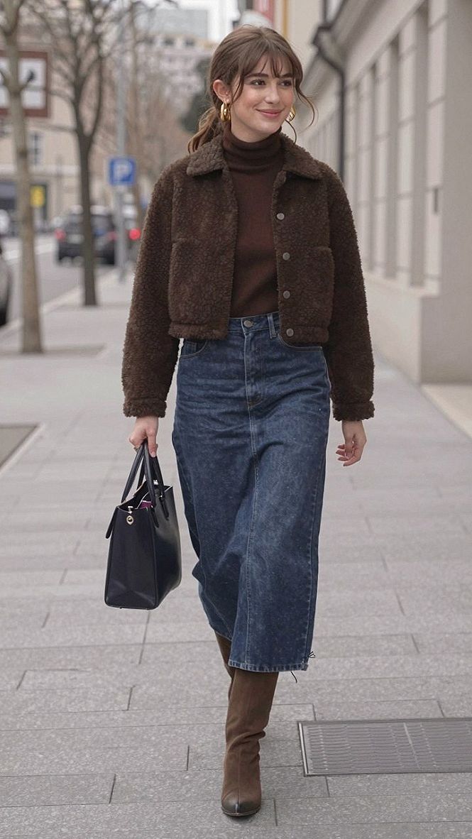 Styling an Oversized Brown Leather Jacket with a Long Skirt