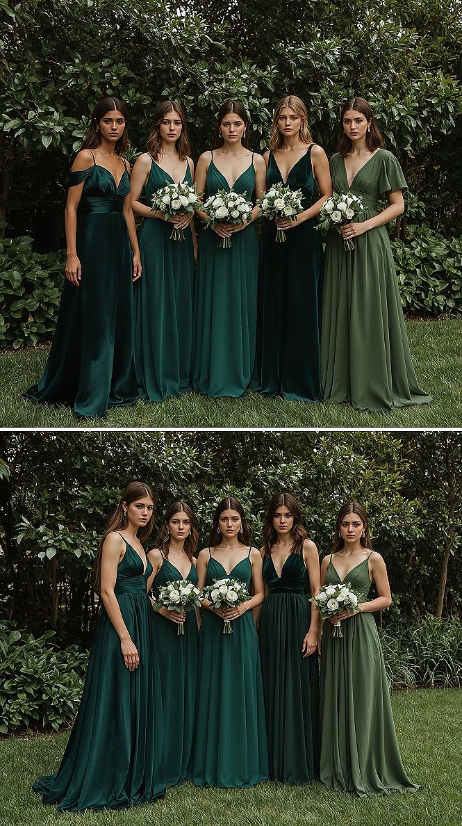 Styling Mismatched Emerald Green Bridesmaid Dresses