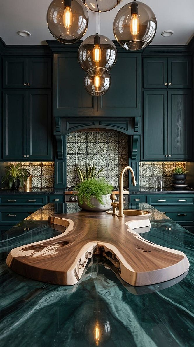 Forest Green Kitchen: Luxurious Wood Accents & Modern Aesthetic