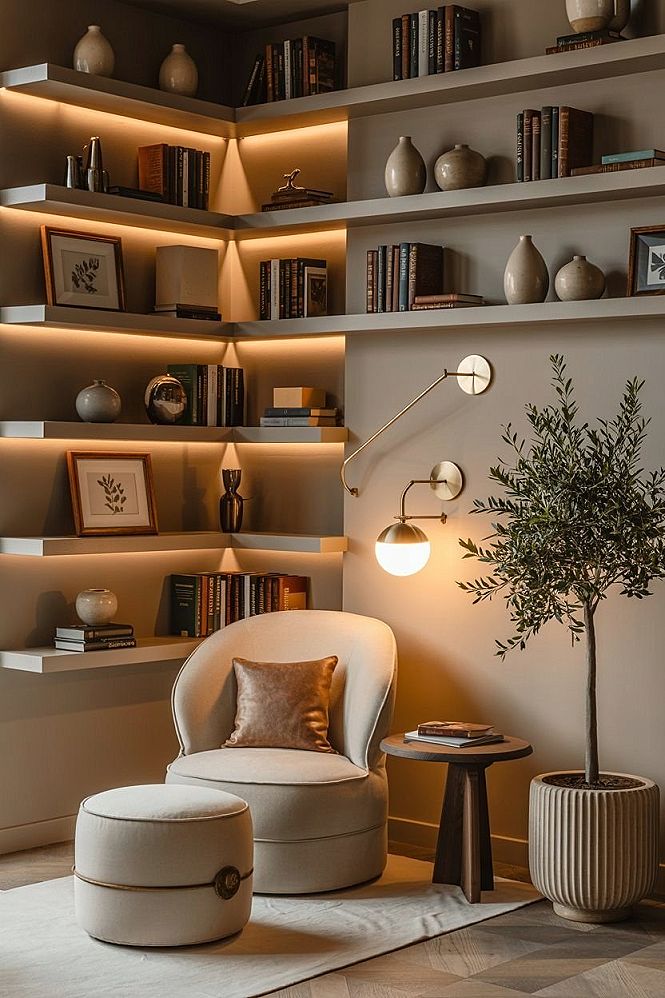 Charming Reading Nook: Stylish Bookshelves & Cozy Corner Decor