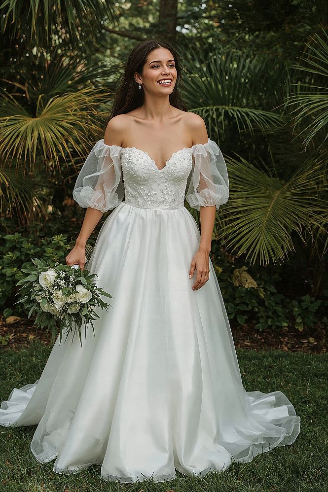 Joyful Nature-Inspired Bridal Gown with Puff Sleeves