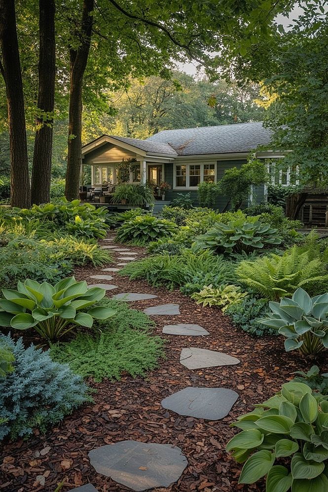 No Grass Front Yard Ideas: Lush Woodland Garden & Natural Pathways