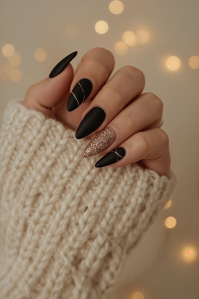 Elegant Matte Black & Gold Nails: Fall's Daintiest Neutral Glamour