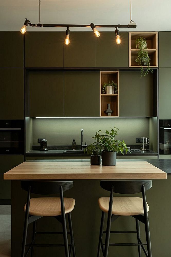 Sleek Dark Olive Kitchen with Natural Wood Accents
