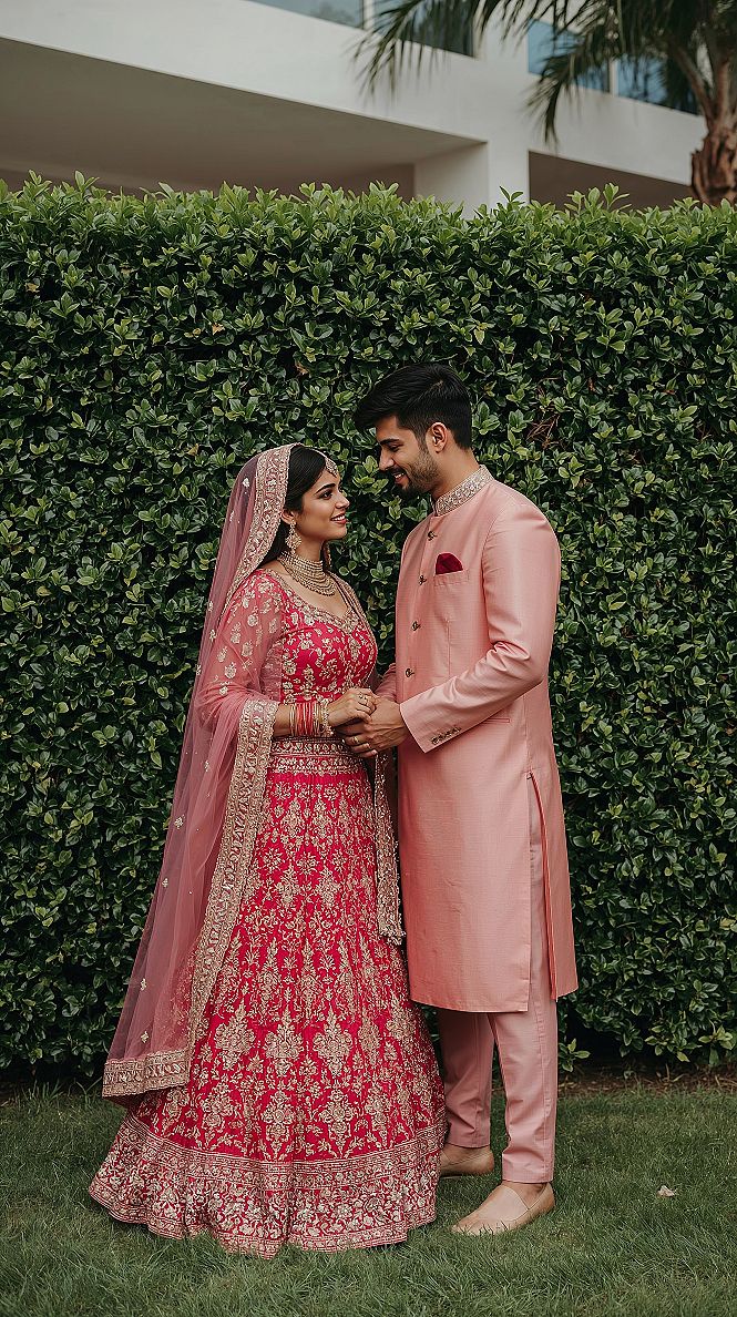 Coordinated Engagement Couple Outfits: Pink Lehenga & Kurta Elegance