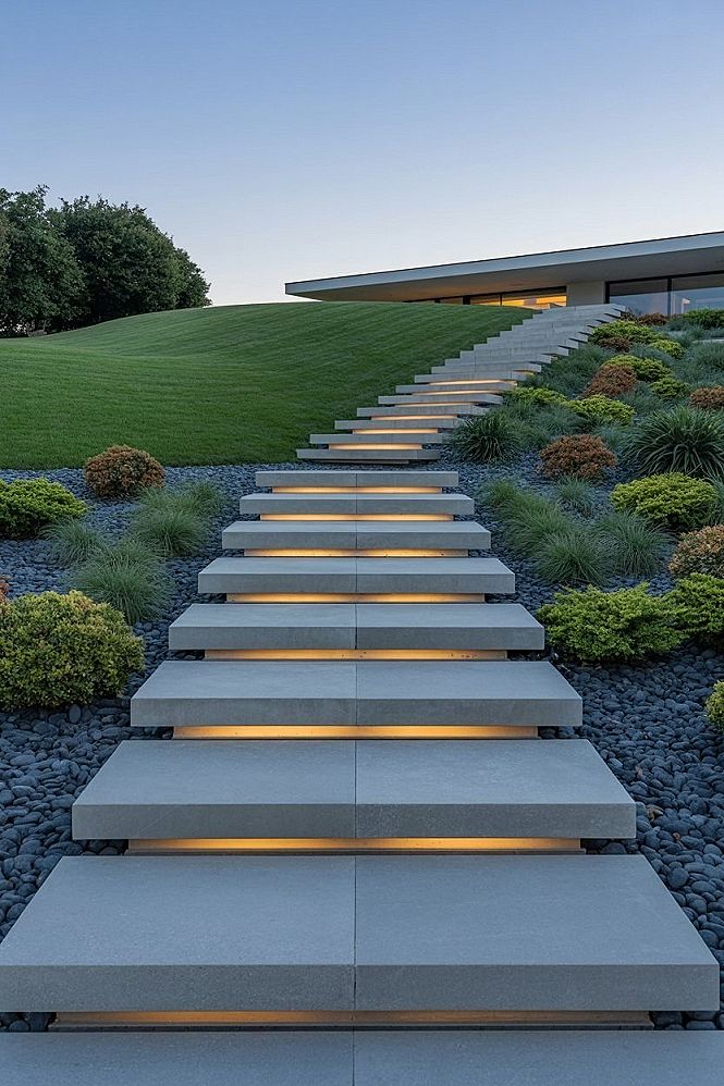 Sloped Front Yard Landscaping: Modern Concrete Steps with Lighting