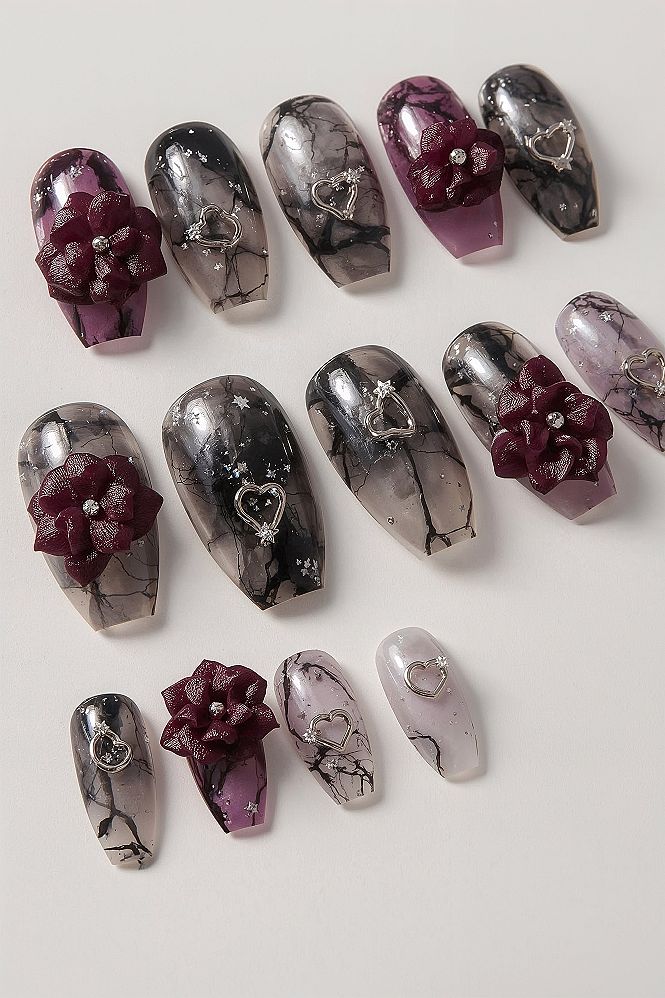 Gothic Purple Floral Marble Nails: Dark Romance & Whimsical Charm