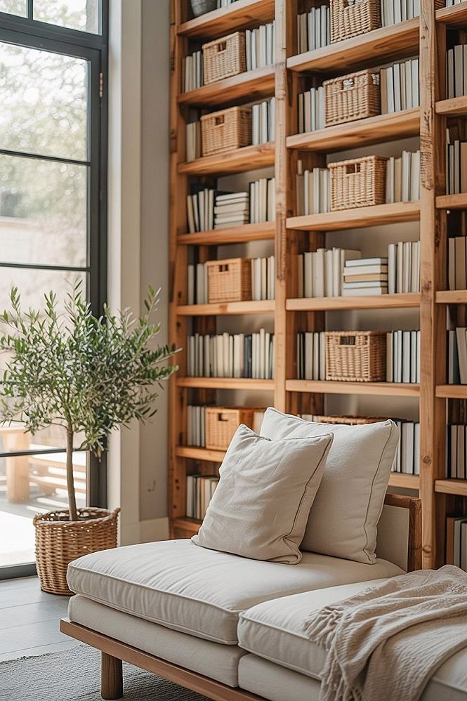 Modern Rustic Library: Cozy Living Room Shelf Design Ideas