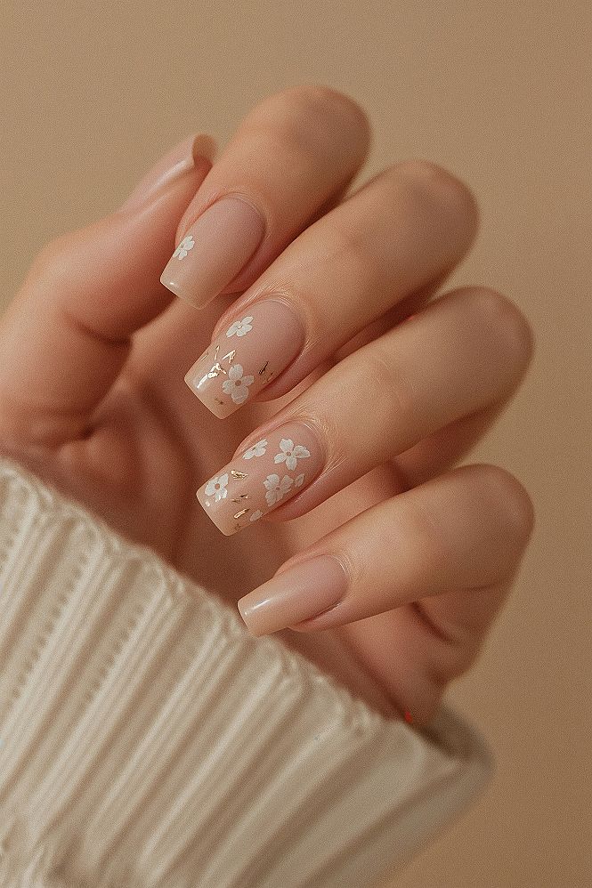 Minimalist Beige Floral Nails with Gold Flakes
