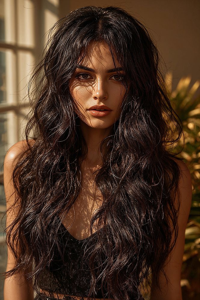 Stylish Long Hair with Curtain Bangs & Layered Brunette Style