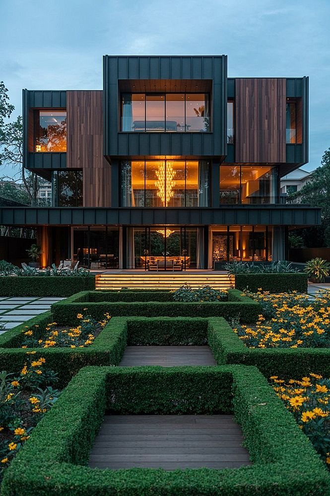 Luxury Modern House Exterior: Grand Glass Facades & Garden Oasis