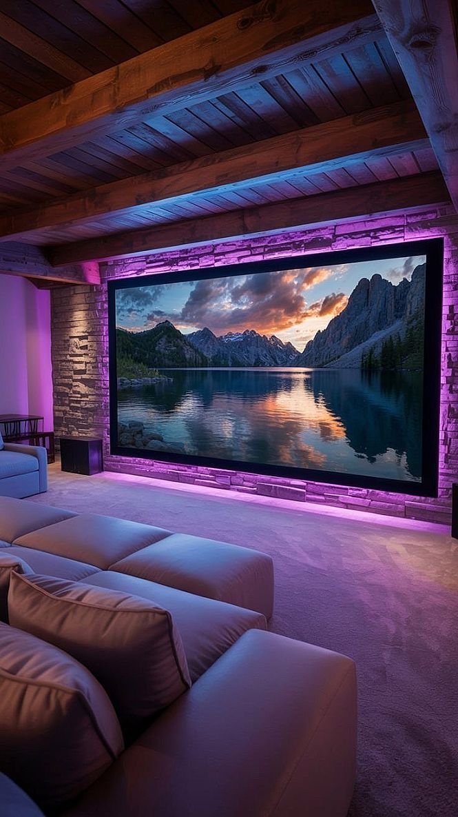 Dream Home Theater: Plush Purple Seating & Rustic Beams for Movie Magic