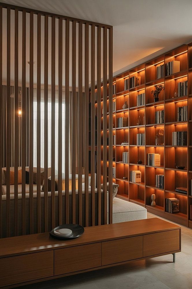 Smart Living Room Separator: Bookcase & Timber Divider Combo