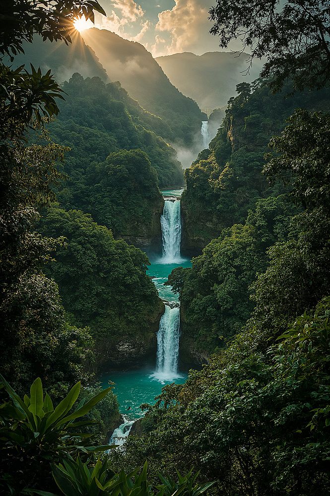 Majestic Tropical Rainforests: Cascading Waterfalls & Lush Greens