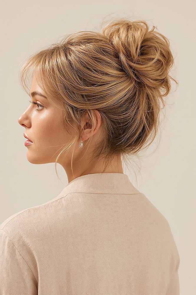 Effortless Wedding Upstyle: Chic Messy High Bun for Brides