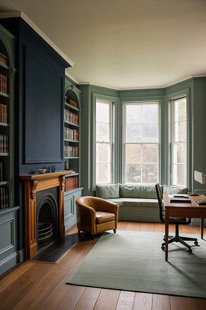 Edwardian Terrace Home Office: Sage Bay Window Design Inspiration