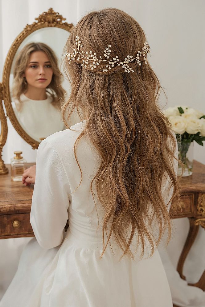 Regal Gold Leaf Wedding Hair Vine for Long Half Up Bridal Hairstyles