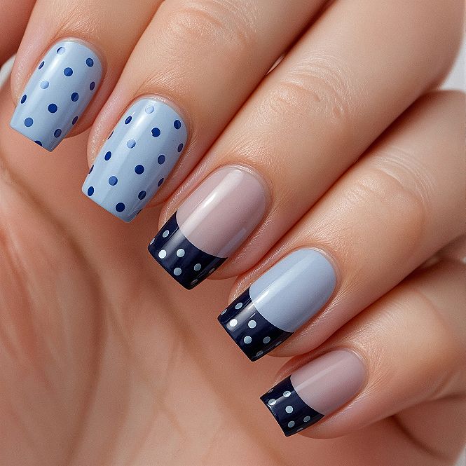 Chic Blue Polka Dot Almond Nails: Modern Sophistication