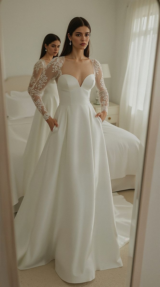 Boho Ball Gown Wedding Dress with Illusion Lace Sleeves