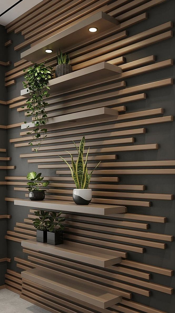 Modern Plant Wall Decor: Abstract Wood Slat Statement Piece