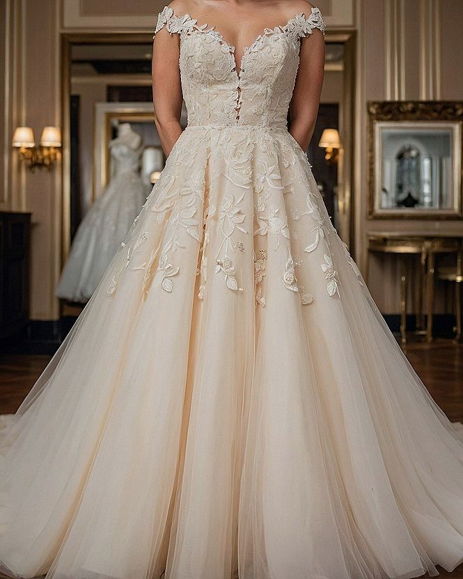 Ivory lace and blush tulle in a classic silhouette