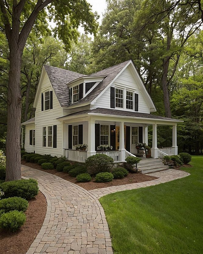 A Cottage Exterior with a Cobblestone Path