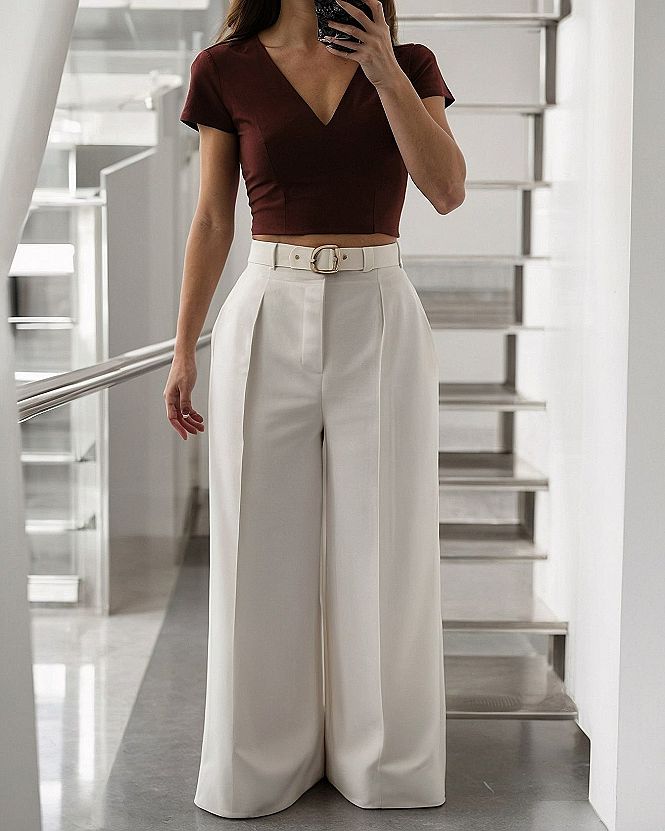 Deep wine top with wide-leg ivory trousers
