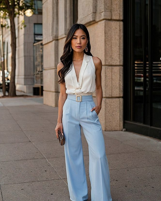 Soft Powder Blue Trousers with Cream Blouse Ensemble