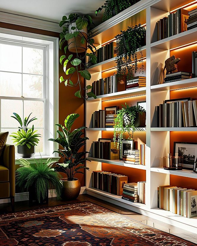 Cozy Library Room Decor with Live Edge Shelves