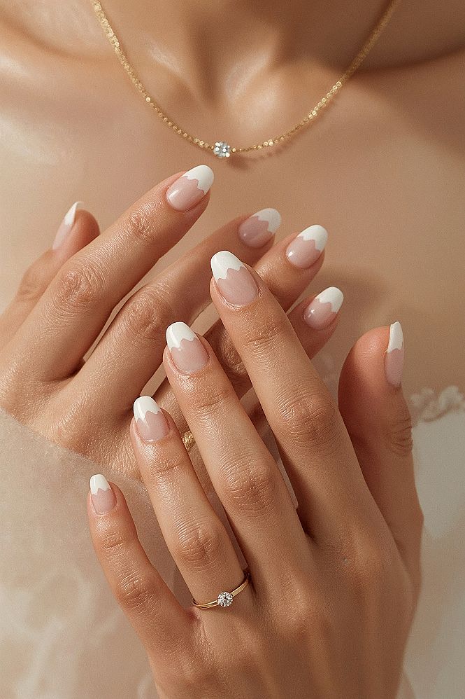 White French Tip Almond Nails with Gold Line Accent: Timeless Elegance