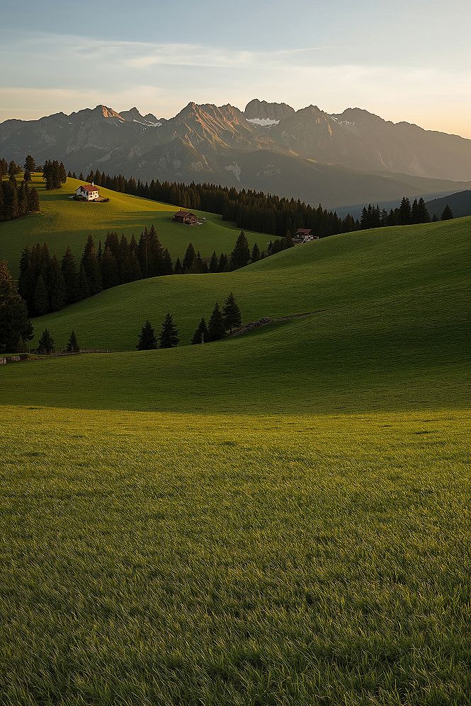 Alps Serenity: Rolling Green Mountains and Countryside Homes