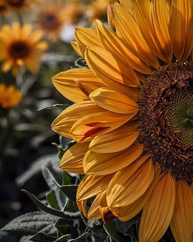 Sunlit Amber Petals Against Muted Slate Foliage