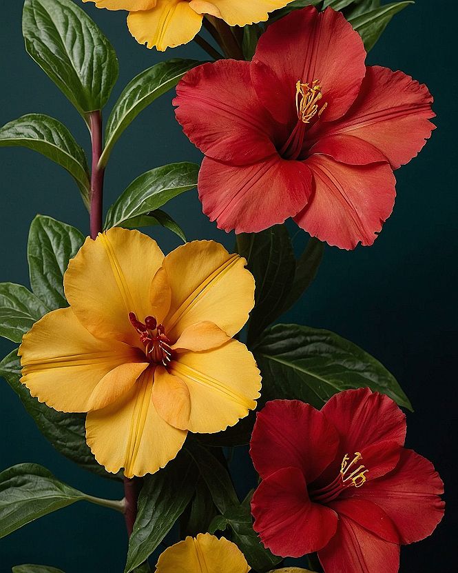 Vibrant marigold and crimson hibiscus against deep teal foliage