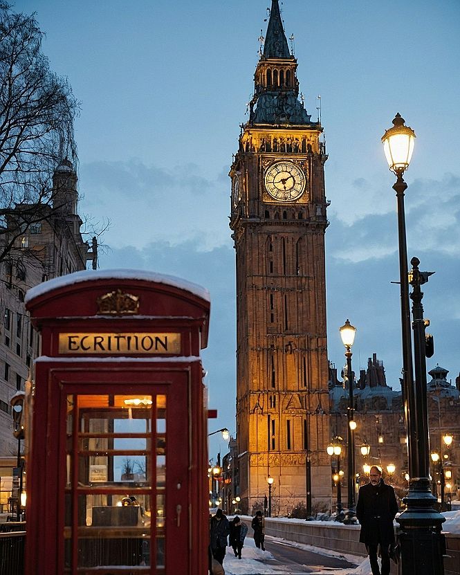 Warm Taupe Clock Tower Looming Over Crimson Telephone Booths