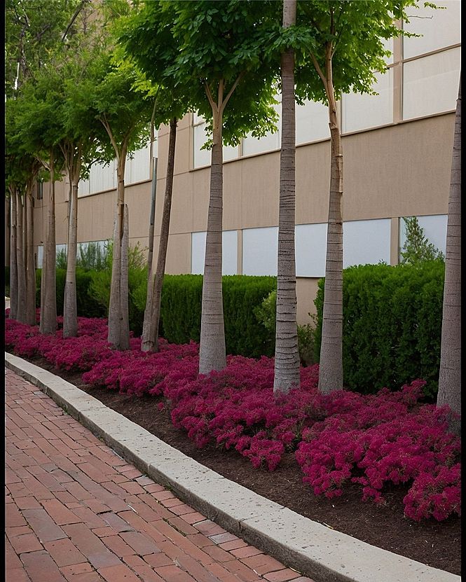 Vibrant Fuchsia Blooms Bordering Slender Tree Trunks Against Warm Taupe