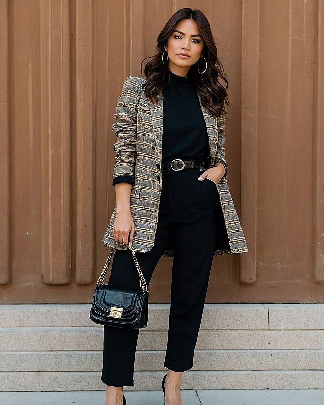 Pairing a Structured Plaid Blazer With Dark Trousers