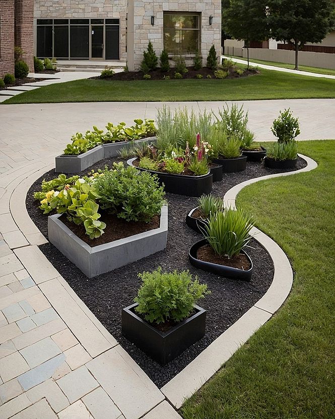 Using Modern Concrete Planters for Tiered Front Yard Landscaping