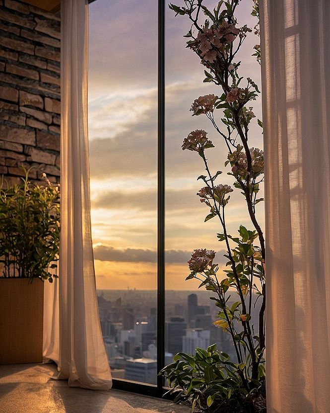 Styling Urban Window Views With Delicate Pink Blossoms